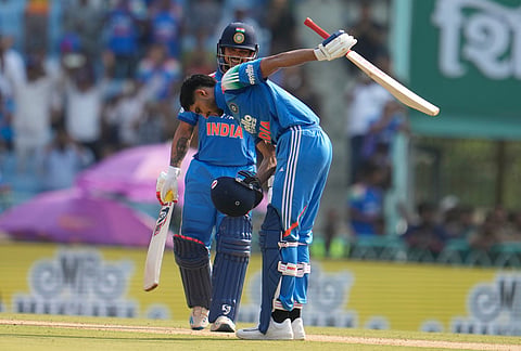 India's captain Shubman Gill celebrates his century during the second ODI cricket match between India and Afghanistan in Lucknow.