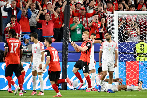 Austria's Nicolas Seiwald (6) celebrates after Jordan scores an own goal during the World Cup Group J soccer match between Austria and Jordan in Santa Clara, Calif., near San Francisco, Tuesday, June 16, 2026.