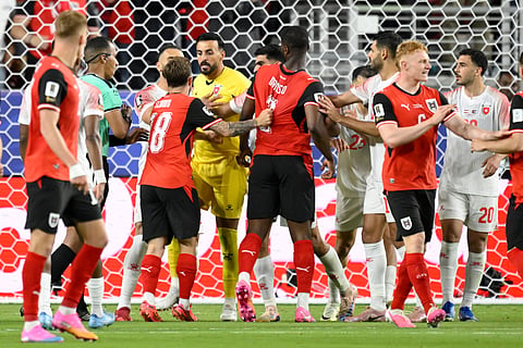 Jordan goalkeeper Yazeed Abulaila (1) reacts to Austria players after an own goal by Jordan during the World Cup Group J soccer match between Austria and Jordan in Santa Clara, Calif., near San Francisco, Tuesday, June 16, 2026.