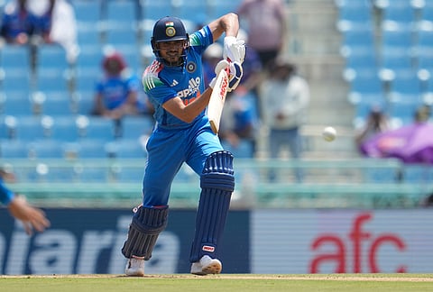 India's captain Shubman Gill plays a shot during the second ODI cricket match between India and Afghanistan in Lucknow.