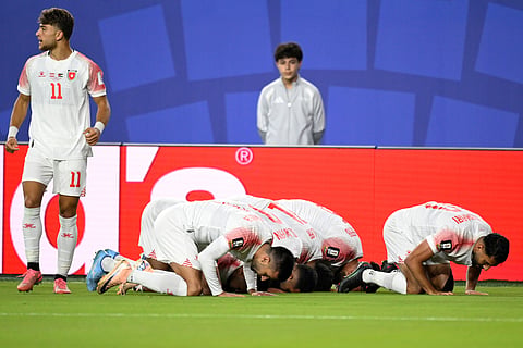 Jordan players celebrates after the opening goal by Ali Olwan during the World Cup Group J soccer match between Austria and Jordan in Santa Clara, Calif., near San Francisco, Tuesday, June 16, 2026.