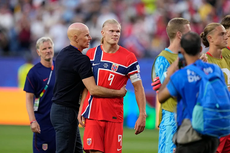 Norway's Erling Haaland (9), center, leaves the pitch at the end of a World Cup Group I soccer match between Iraq and Norway in Foxborough, Mass., near Boston, Tuesday, June 16, 2026. - AP Photo/Charles Krupa