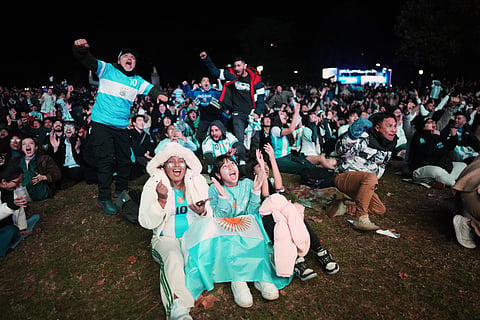 Fans celebrate Argentina's second goal as they watch the World Cup soccer match between Argentina and Algeria in Buenos Aires, Argentina, Tuesday, June 16, 2026.
