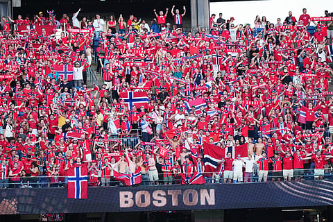 Norway fans celebrate at the end of the World Cup Group I soccer match between Iraq and Norway in Foxborough, Mass., near Boston, Tuesday, June 16, 2026.
