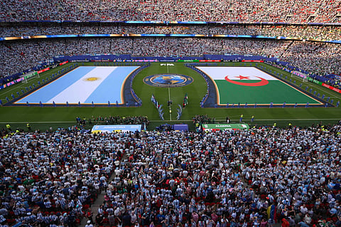 General view during the pregame ceremony before the World Cup Group J soccer match between Argentina and Algeria in Kansas City, Mo., Tuesday, June 16, 2026.