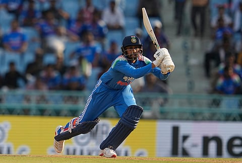 India's Prince Yadav plays a shot during the second ODI cricket match between India and Afghanistan in Lucknow.