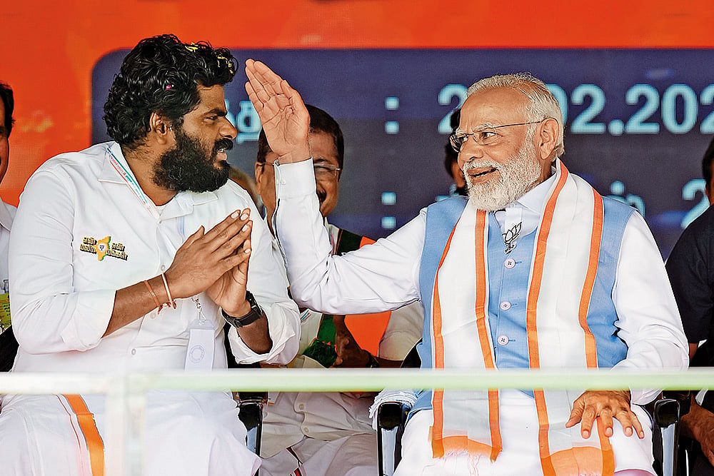 Narendra Modi with Annamalai at a BJP event in Tirupur on February 27, 2024