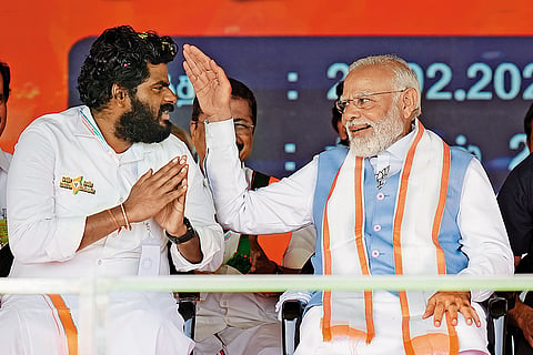 Past Camaraderie: Narendra Modi with Annamalai at a BJP event in Tirupur on February 27, 2024