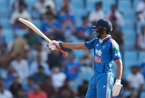 India's captain Shubman Gill celebrates hundred and fifty run during the second ODI cricket match between India and Afghanistan in Lucknow.