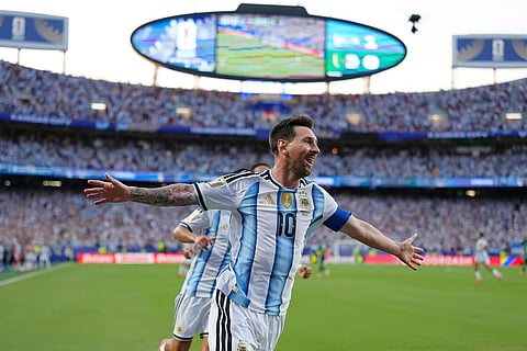 Argentina's Lionel Messi (10) celebrates after scoring a goal during the World Cup Group J soccer match between Argentina and Algeria in Kansas City, Mo., Tuesday, June 16, 2026. 