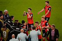 AP Photo/Jeff Chiu : Austria's Romano Schmid, center, celebrates scoring his side's opening goal against Jordan during the World Cup Group J soccer match in Santa Clara, Calif., near San Francisco, Tuesday, June 16, 2026.