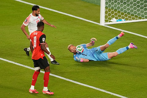 Austria goalkeeper Alexander Schlager catches the ball during the World Cup Group J soccer match against Jordan in Santa Clara, Calif., near San Francisco, Tuesday, June 16, 2026.