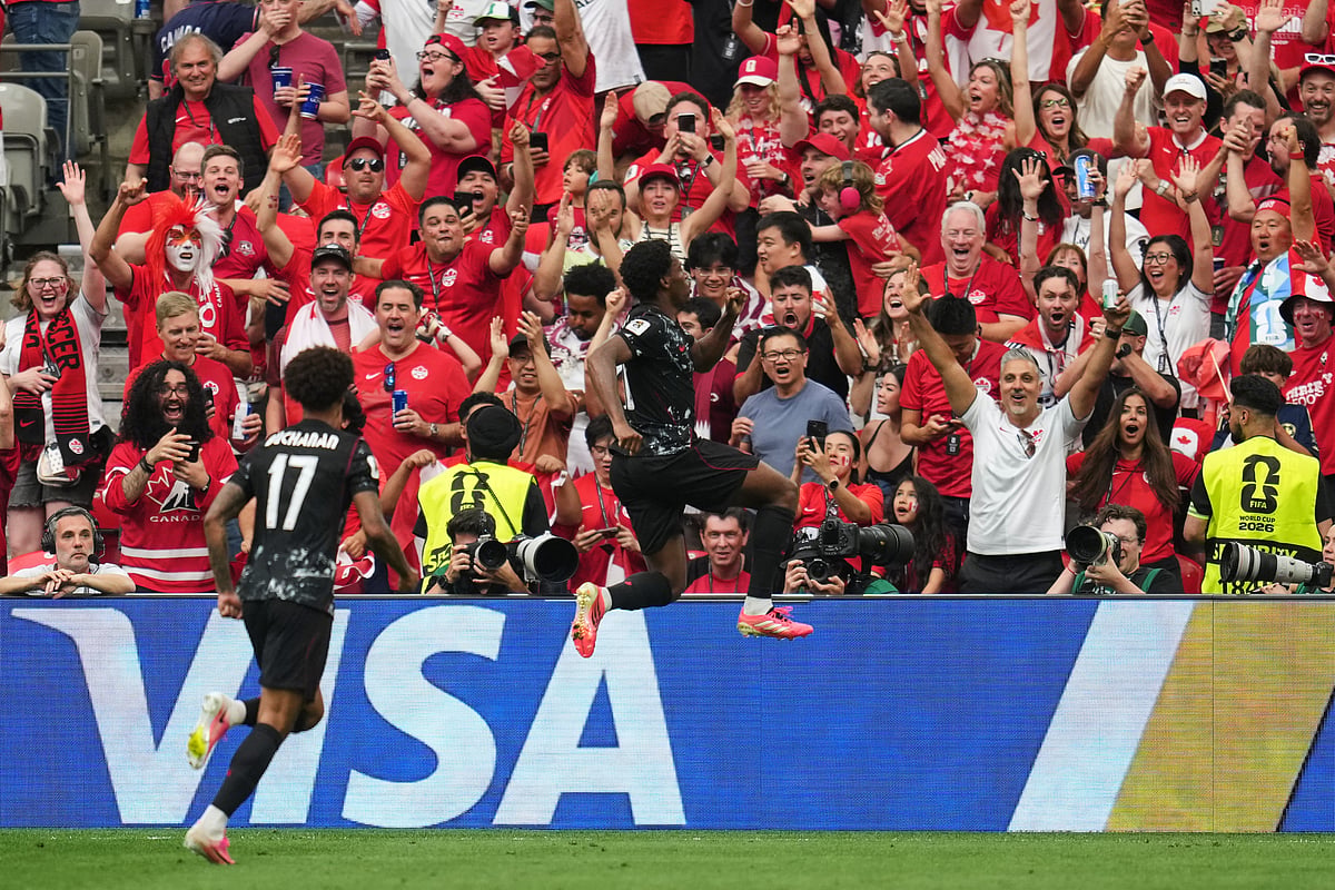 Canada vs Qatar FIFA World Cup 2026 Group B Jonathan David Leaps Celeb AP Photo