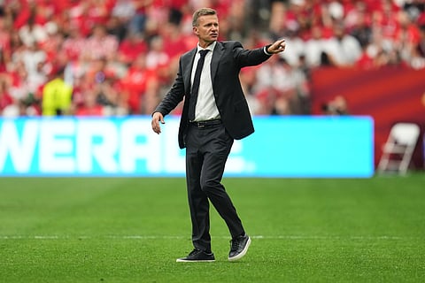 Canada head coach Jesse Marsch gestures during a hydration break during the World Cup Group B soccer match against Qatar in Vancouver, British Columbia, Thursday, June 18, 2026.