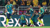 (AP Photo/Eduardo Verdugo) : Colombia's Jaminton Campaz (21) celebrates after scoring his side's third goal during the World Cup Group K soccer match between Uzbekistan and Colombia in Mexico City, Wednesday, June 17, 2026