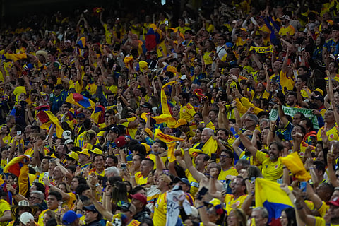 Colombia supporters celebrates during the World Cup Group K soccer match between Uzbekistan and Colombia in Mexico City, Wednesday, June 17, 2026