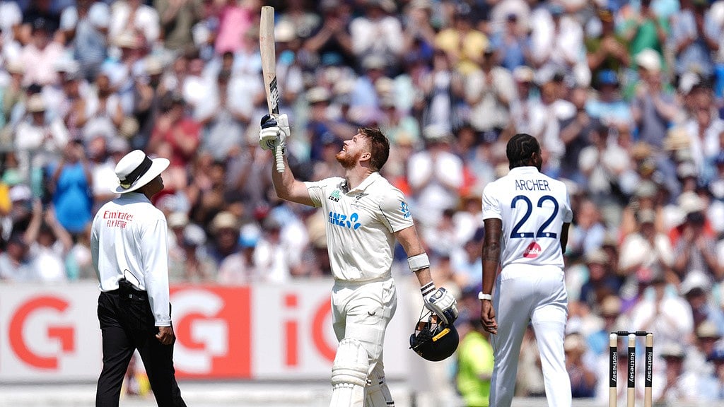 New Zealand's Glenn Phillips celebrates his century on day two of the second cricket test between England and New Zealand, in London, Thursday, June 18, 2026.  - Ben Whitley/PA via AP