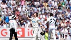 New Zealand's Glenn Phillips celebrates his century on day two of the second cricket test between England and New Zealand, in London, Thursday, June 18, 2026. - Ben Whitley/PA via AP