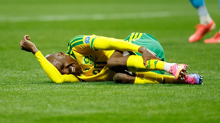 South Africa's Khuliso Mudau lies on the ground during the World Cup Group A soccer match between Czechia and South Africa in Atlanta, Thursday, June 18, 2026. - (AP Photo/Erik S. Lesser)
