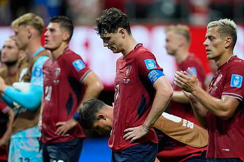 Czechia's Ladislav Krejci reacts at the end of the World Cup Group A soccer match between Czechia and South Africa in Atlanta, Thursday, June 18, 2026.