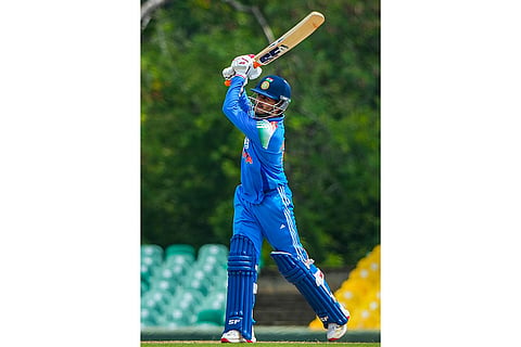 In this image received on June 17, 2026, India's Priyansh Arya plays a shot during the fifth match between India A and Afghanistan A in the Tri-Nation A Series, in Dambulla, Sri Lanka.