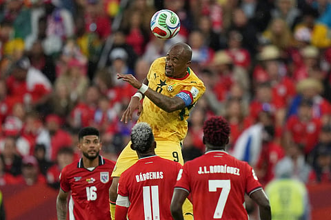 Ghana's Jordan Ayew heads the ball during the World Cup Group L soccer match against Panama in Toronto