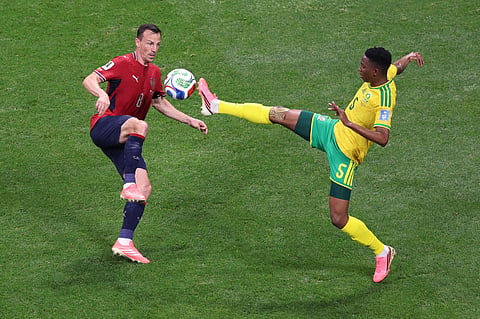 Czechia's Vladimir Darida (8) and South Africa's Thalente Mbatha (5) fight for the ball during the World Cup Group A soccer match between Czechia and South Africa in Atlanta, Thursday, June 18, 2026.