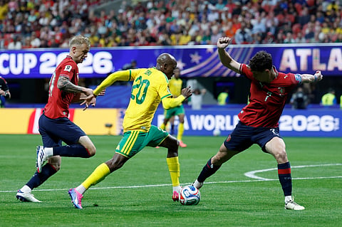 Czechia's Ladislav Krejci, right, stops South Africa's Khuliso Mudau during the World Cup Group A soccer match between Czechia and South Africa in Atlanta, Thursday, June 18, 2026.