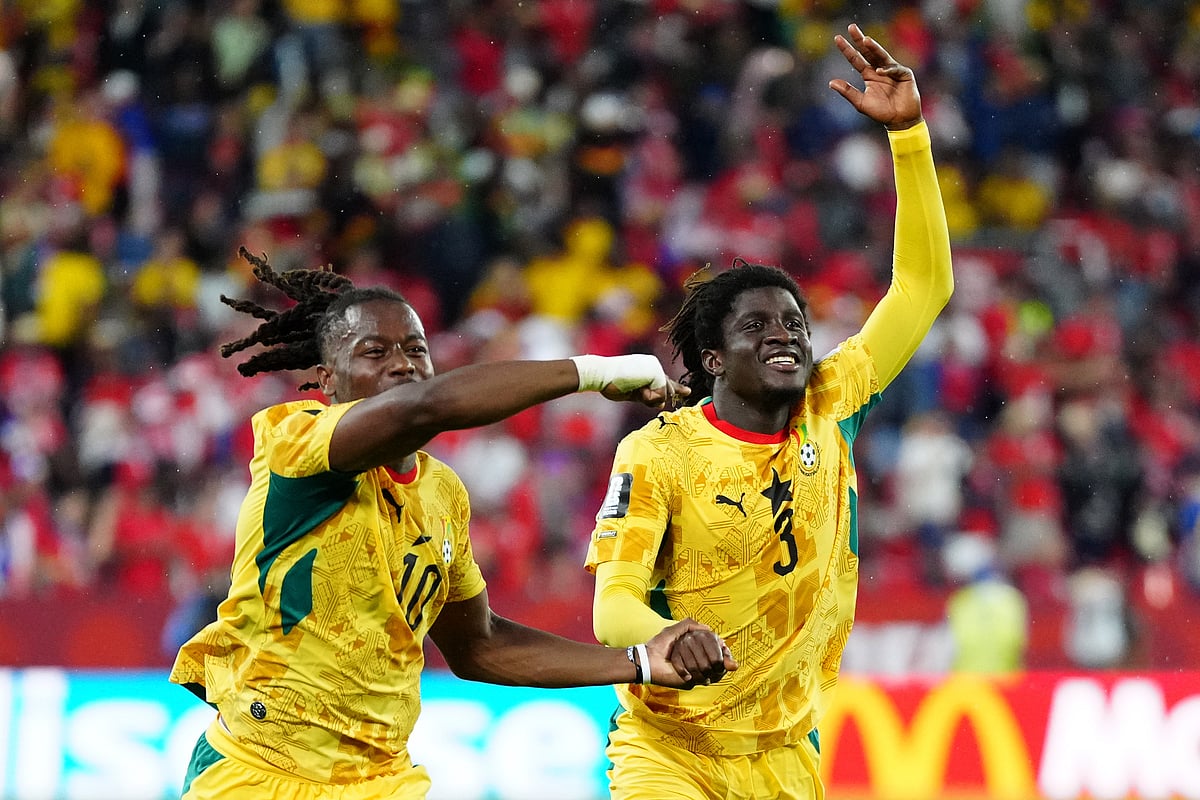Ghana's Brandon Thomas-Asante (10) celebrates with Caleb Yirenkyi (3) following their win in the World Cup Group L soccer match between Ghana and Panama in Toronto, Wednesday, June 17, 2026 - (Frank Gunn/The Canadian Press via AP)