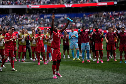 Switzerland's Johan Manzambi (9) front and other teammates wave to fans after the end of the World Cup Group B soccer match between Switzerland and Bosnia in Inglewood, Calif, near Los Angeles, Thursday, June 18, 2026.