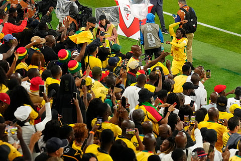 Ghana's Caleb Yirenkyi, top right, celebrates with fans after defeating Panama during the World Cup Group L soccer match in Toronto, Wednesday, June 17, 2026