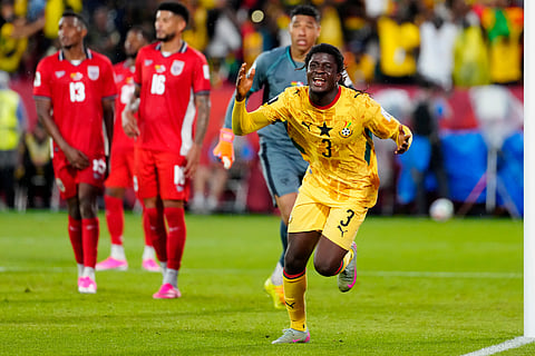 Ghana's Caleb Yirenkyi (3) celebrates scoring the opening goal during the World Cup Group L soccer match between Ghana and Panama in Toronto, Wednesday, June 17, 2026
