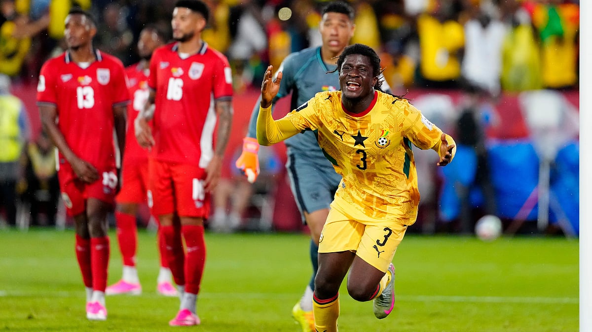 Ghana's Caleb Yirenkyi (3) celebrates scoring the opening goal during the World Cup Group L soccer match between Ghana and Panama in Toronto, Wednesday, June 17, 2026 - (Frank Gunn/The Canadian Press via AP)