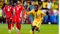 (Frank Gunn/The Canadian Press via AP) : Ghana's Caleb Yirenkyi (3) celebrates scoring the opening goal during the World Cup Group L soccer match between Ghana and Panama in Toronto, Wednesday, June 17, 2026