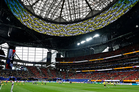 Teams warm up before the World Cup Group A soccer match between Czechia and South Africa in Atlanta, Thursday, June 18, 2026.