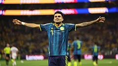 Colombia's Luis Diaz (7) celebrates after scoring their second goal during the World Cup Group K soccer match between Uzbekistan and Colombia in Mexico City, Wednesday, June 17, 2026. - AP Photo/Ashtin Barker