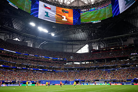 The video screen shows the score at the end of the regular time during the World Cup Group A soccer match between Czechia and South Africa in Atlanta, Thursday, June 18, 2026.