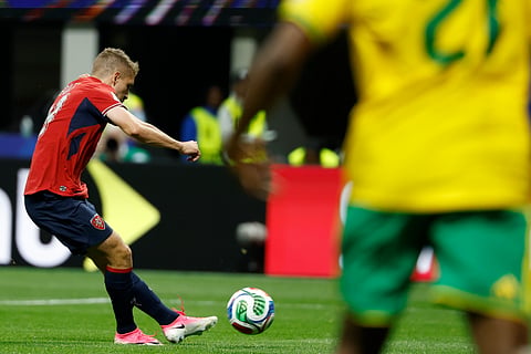 Czechia's Michal Sadilek scores the opening goal for his team during the World Cup Group A soccer match between Czechia and South Africa in Atlanta, Thursday, June 18, 2026.