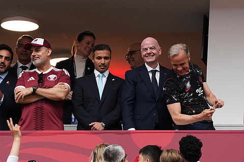 FIFA President Gianni Infantino, second from right, attends the World Cup Group B soccer match between Canada and Qatar in Vancouver, British Columbia, Thursday, June 18, 2026.