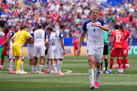 Bosnia's Tarik Muharemovic leaves the field after receiving a red card during the World Cup Group B soccer match between Switzerland and Bosnia in Inglewood, Calif., near Los Angeles, Thursday, June 18, 2026.