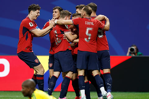 Czechia players celebrate the opening goal of their team during the World Cup Group A soccer match between Czechia and South Africa in Atlanta, Thursday, June 18, 2026.