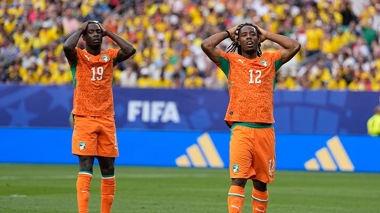 Ivory Coast's Elye Wahi, right, and teammate Nicolas Pepe react after missing a chance to score against Ecuador during a World Cup Group E soccer match in Philadelphia, Sunday, June 14, 2026.
- (AP Photo/Matt Slocum)