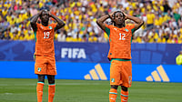 (AP Photo/Matt Slocum) : Ivory Coast's Elye Wahi, right, and teammate Nicolas Pepe react after missing a chance to score against Ecuador during a World Cup Group E soccer match in Philadelphia, Sunday, June 14, 2026. 
