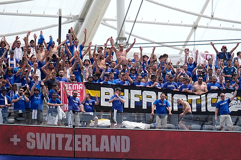 Bosnia fans after the end of the World Cup Group B soccer match between Switzerland and Bosnia in Inglewood, Calif, near Los Angeles, Thursday, June 18, 2026.