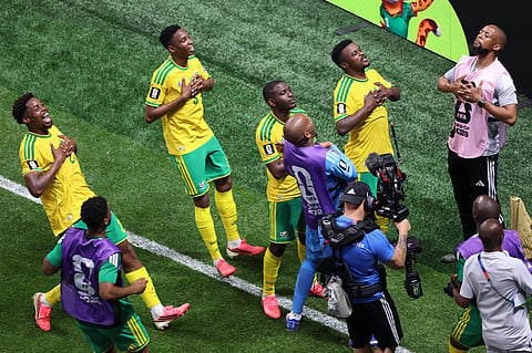 South African players celebrate after a goal during the World Cup Group A soccer match between Czechia and South Africa in Atlanta, Thursday, June 18, 2026.