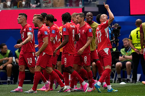 Switzerland's Ruben Vargas, right, celebrates after scoring his side's second goal during the World Cup Group B soccer match between Switzerland and Bosnia in Inglewood, Calif, near Los Angeles, Thursday, June 18, 2026.
