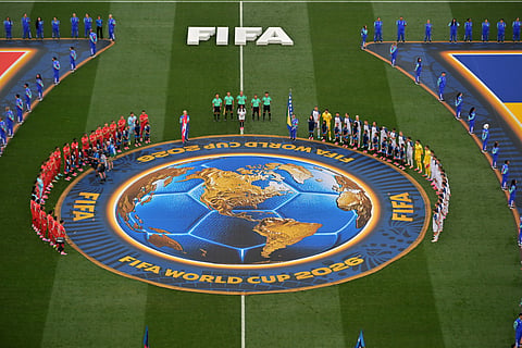 Players stand before the World Cup Group B soccer match between Switzerland and Bosnia in Inglewood, Calif., near Los Angeles, Thursday, June 18, 2026.