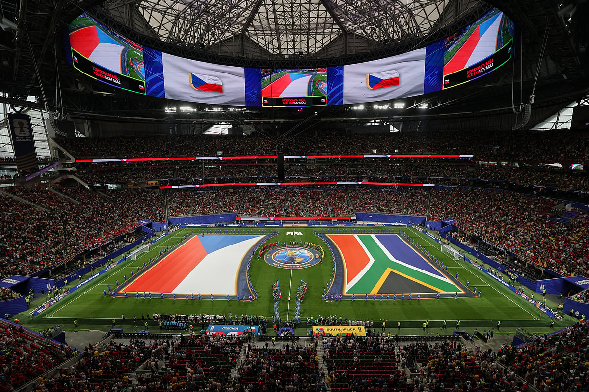 Czechia's and South Africa's flags are seen on the pitch before the World Cup Group A soccer match between Czechia and South Africa in Atlanta, Thursday, June 18, 2026. - AP Photo/Colin Hubbard