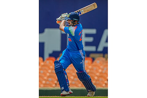 In this image received on June 17, 2026, India's Nishant Sindhu plays a shot during the fifth match between India A and Afghanistan A in the Tri-Nation A Series, in Dambulla, Sri Lanka.