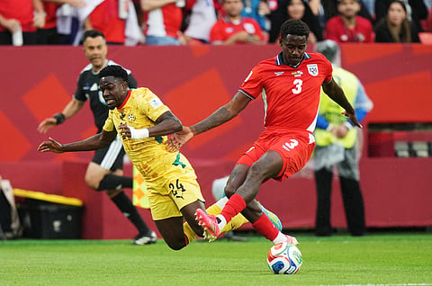 Ghana's Ernest Nuamah (24) and Panama's Jose Cordoba (3) vie for the ball during the World Cup Group L soccer match between Ghana and Panama in Toronto